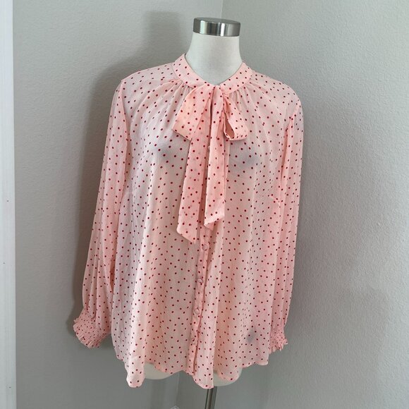 Torrid Womens Plus 2X Pink Polka Dot Tie Neck Blouse Long Sleeve Shirt Top - Picture 1 of 10